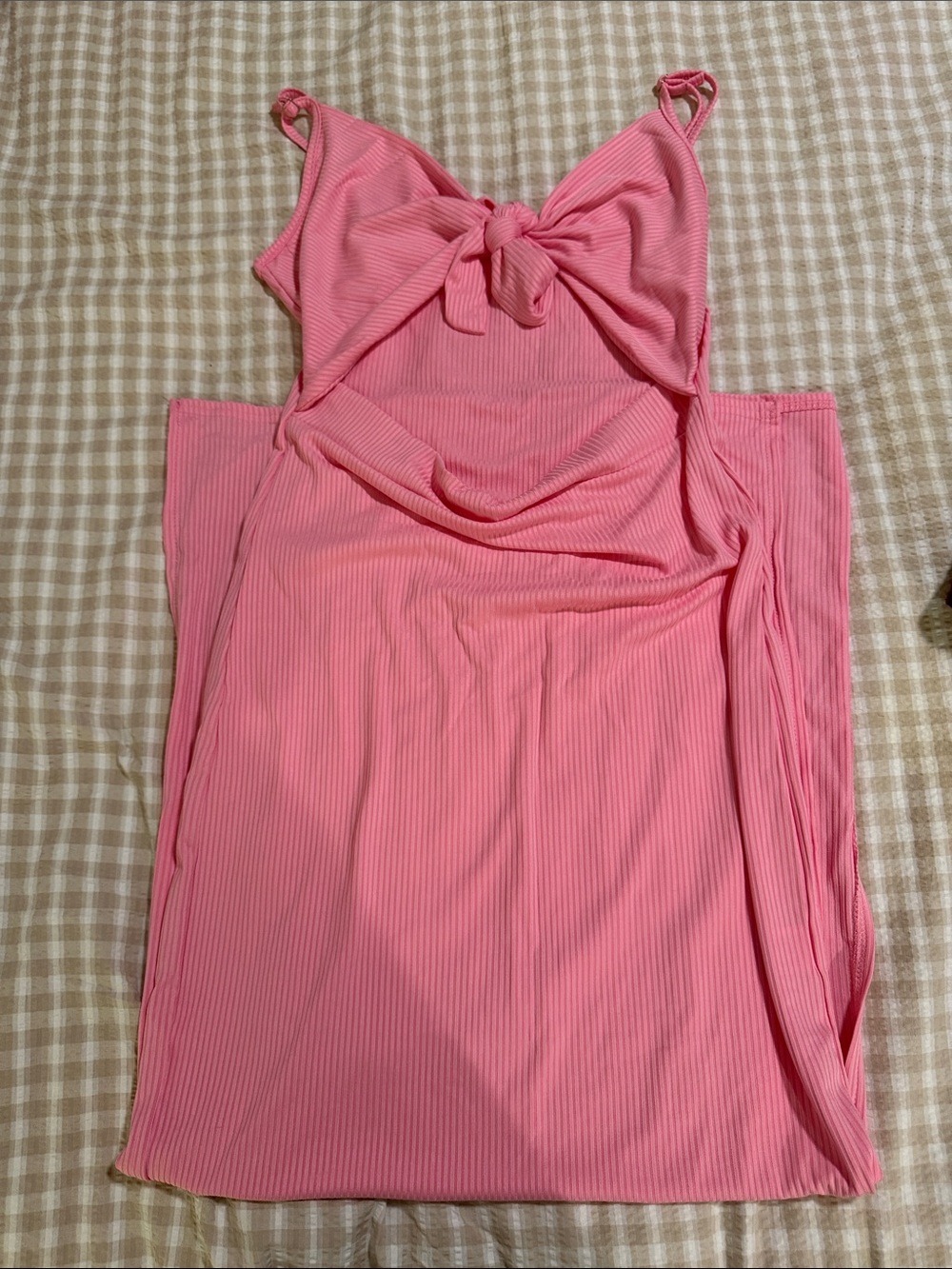 Sleeveless Bow-Front Pink Ribbed Slip Dress